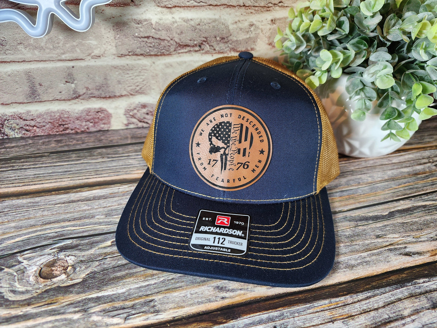 We Are Not Descended from Fearful Men" Trucker Hat - Patriotic Skull Graphic Cap, Adjustable Snapback, Multiple Colors & Patch Designs