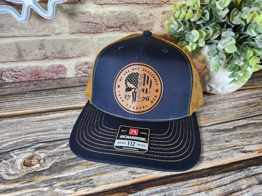 We Are Not Descended from Fearful Men" Trucker Hat - Patriotic Skull Graphic Cap, Adjustable Snapback, Multiple Colors & Patch Designs