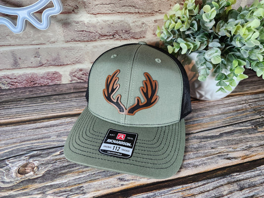 Antler Patch Trucker Hat - Rustic Hunting Cap, Adjustable Snapback, Multiple Colors & Patch Designs